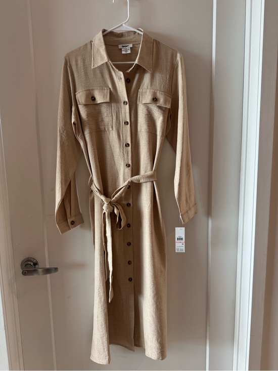 Dkny Dresses & Skirts - DKNY Beige Button-Front Midi Shirt Dress with Tie Waist